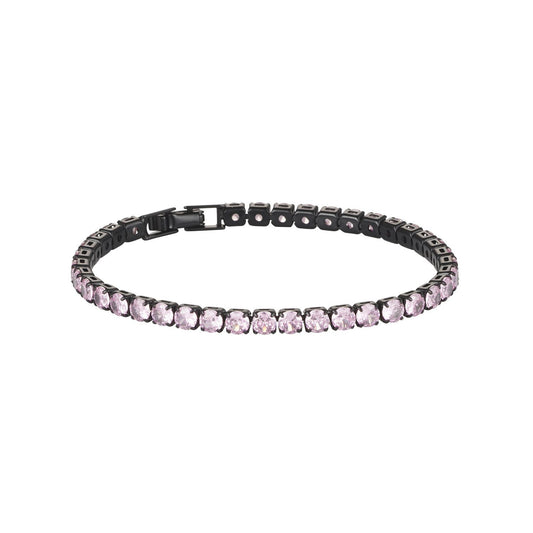 Product photo of tennis bracelet with black hardware and pink diamante stones