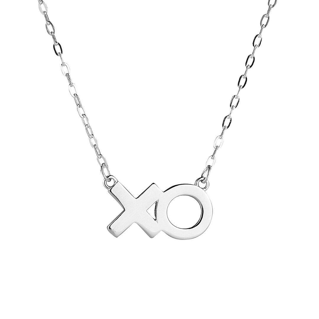 Product image of sterling silver necklace that features an 'XO' in text.