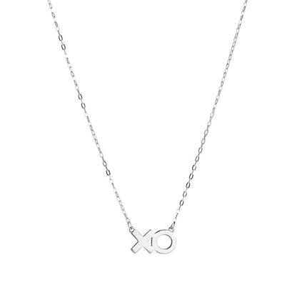 Product image of sterling silver necklace that features an 'XO' in text.