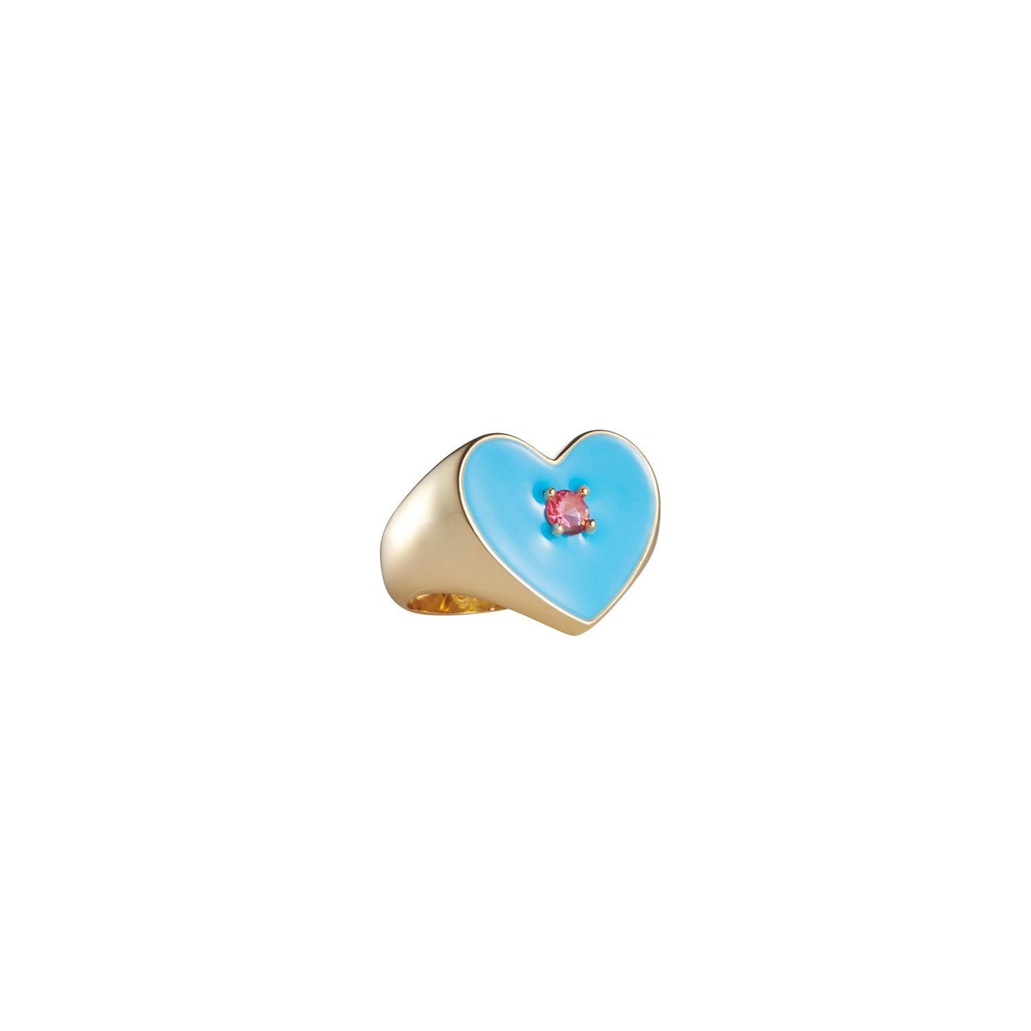 Chunky gold heart shaped ring with blue enamel and pink stone