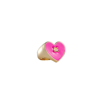 Chunky gold heart shaped ring with pink enamel and yellow stone