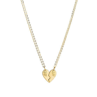 Product image of a pair of sterling silver best friend necklaces, with 14k gold plating, that when put together, make the shape of a heart. Each side of the heart has a charm attached with the word 'BFF'.