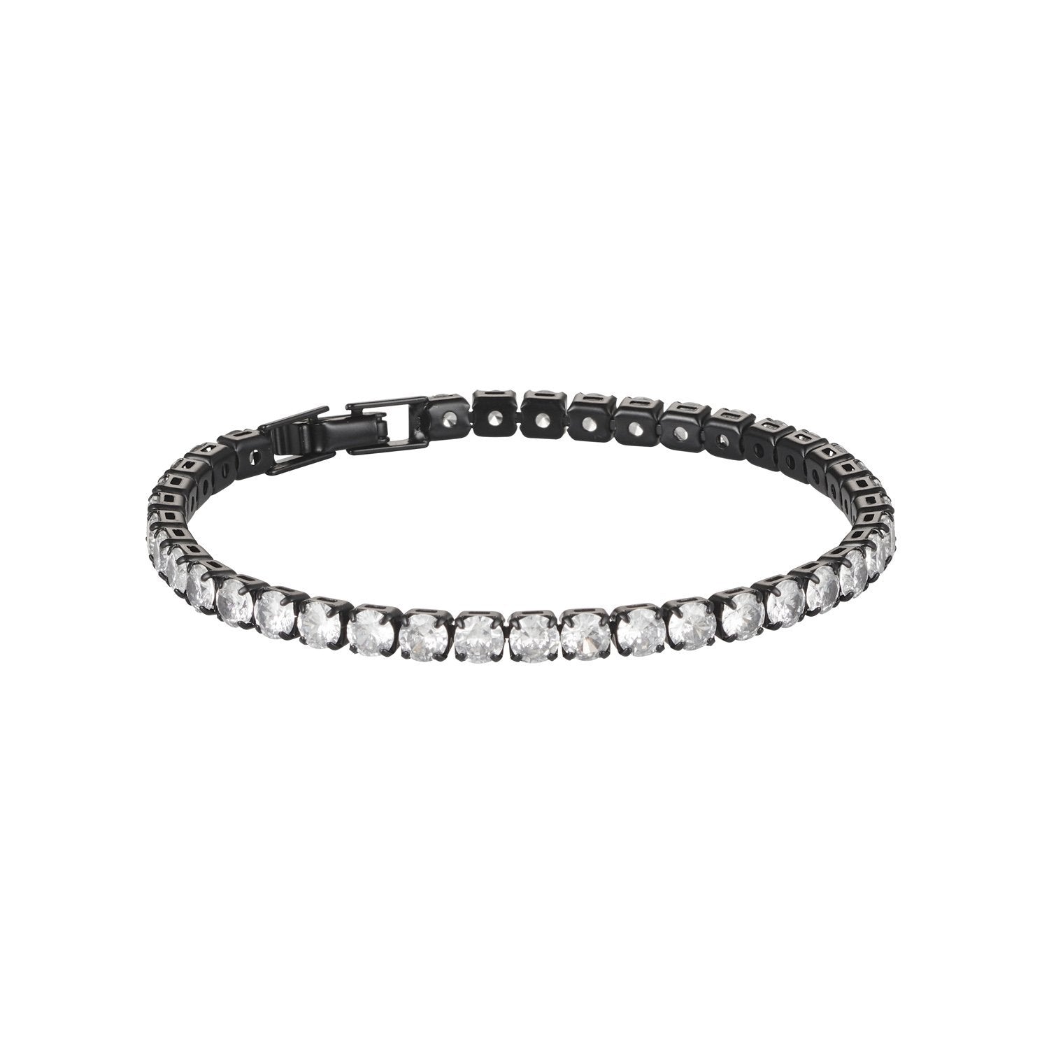Product photo of tennis bracelet with black hardware and clear diamante stones