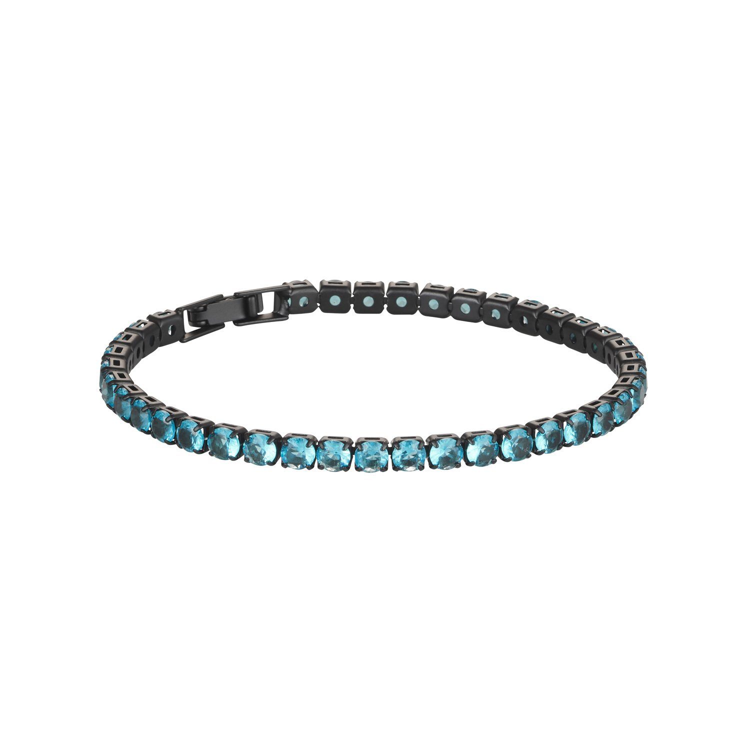 Product photo of tennis bracelet with black hardware and blue diamante stones