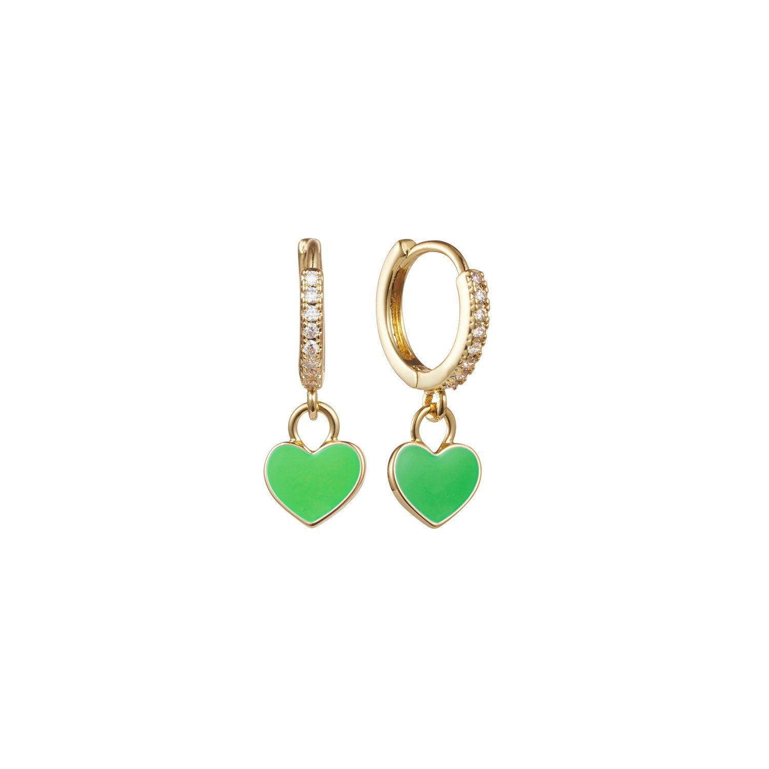 Small gold hoops with green enamel heart pendant
