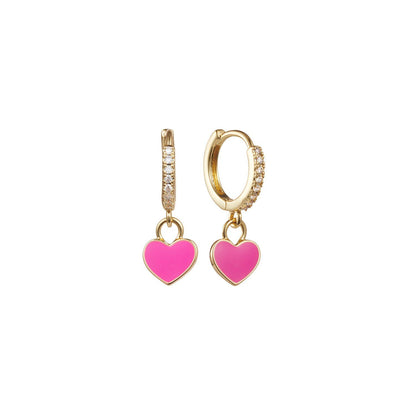 Small gold hoops with pink enamel heart pendant