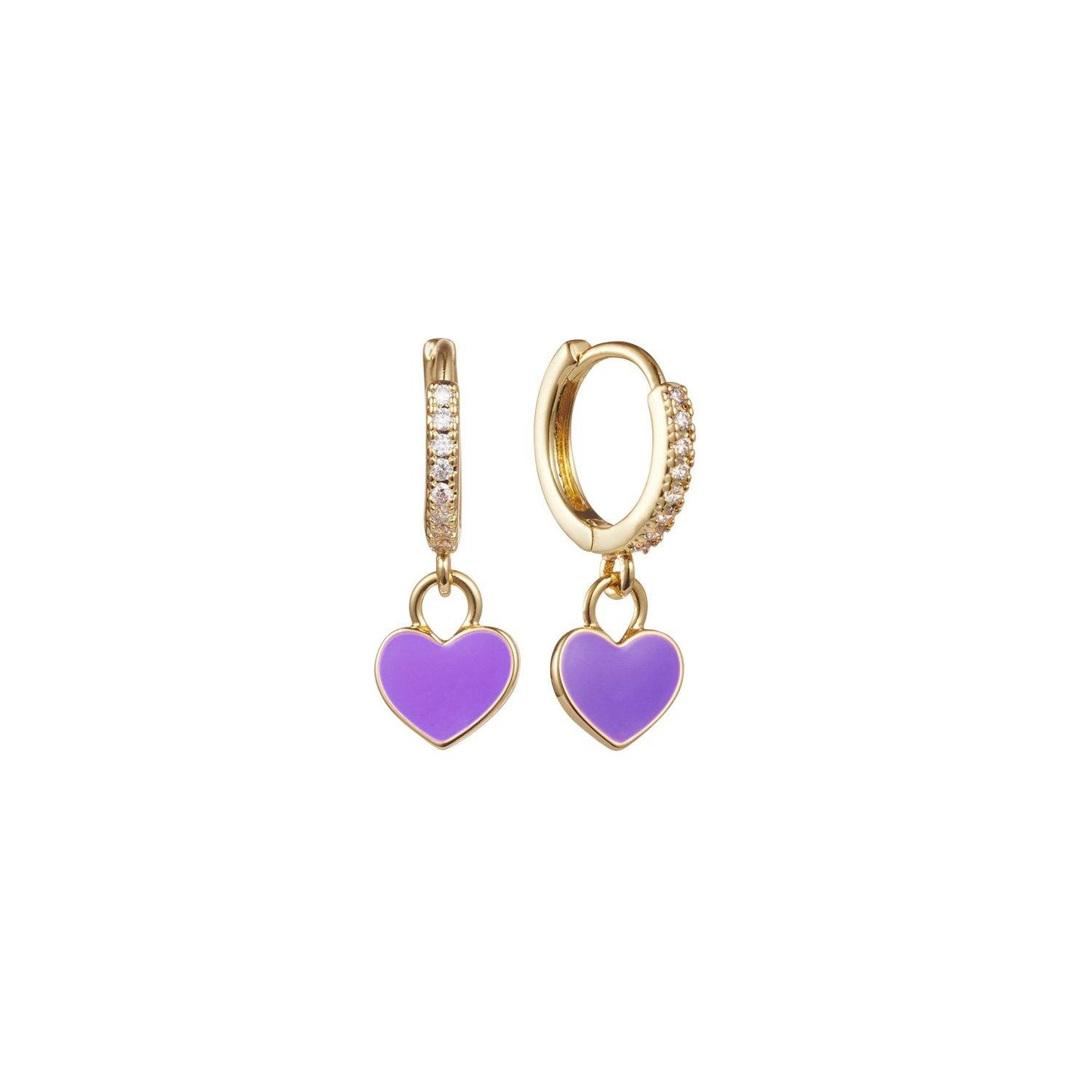 Small gold hoops with purple enamel heart pendant