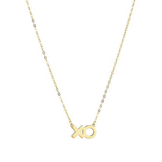 Product image of sterling silver necklace with 14k gold plating that features an 'XO' in text.