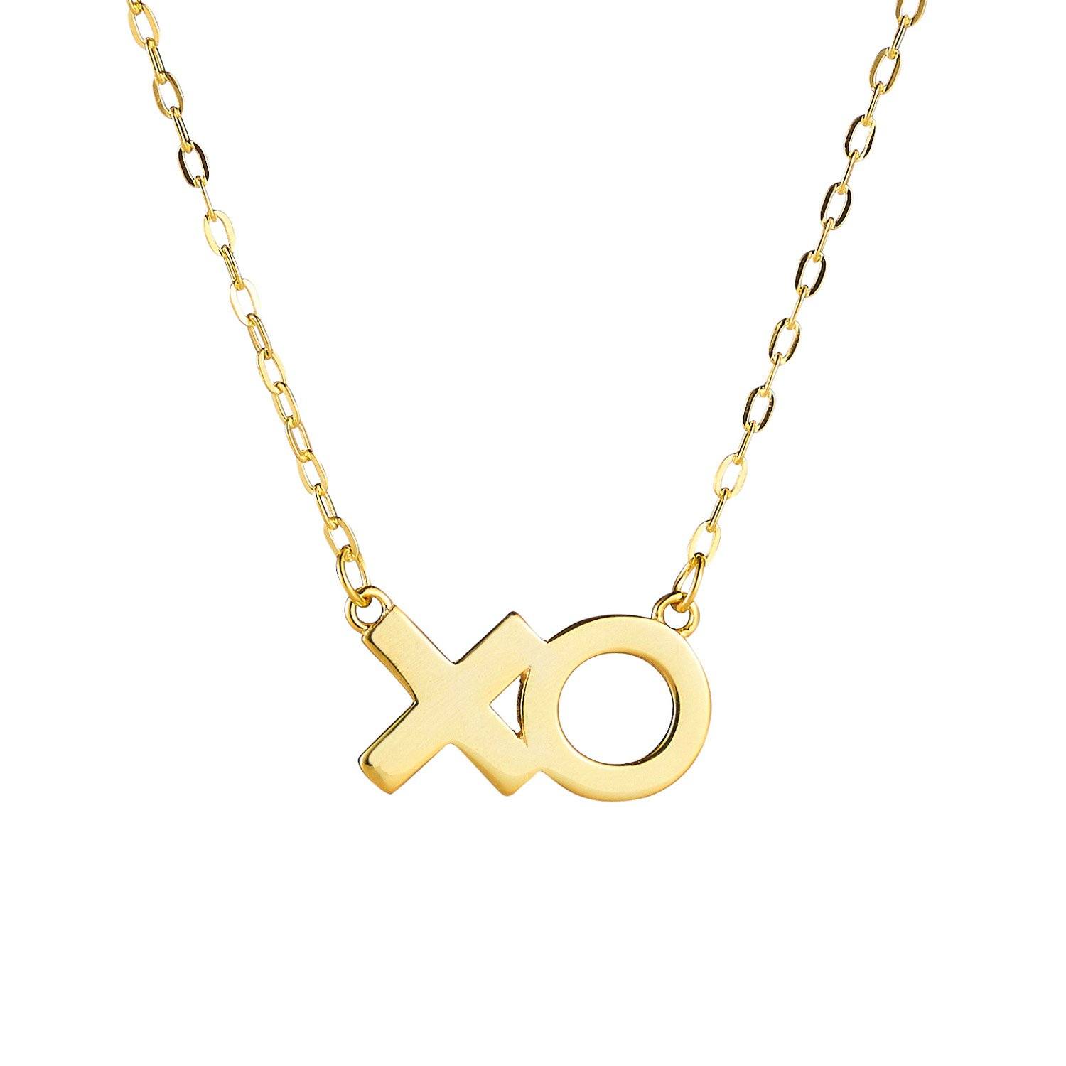 Product image of sterling silver necklace with 14k gold plating that features an 'XO' in text.